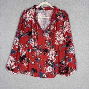 LOFT Floral Ruffle Blouse Large Red Popover Tie Front Puff Feminine Romantic